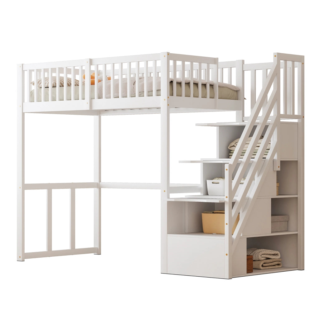 OKWISH Letto a Soppalco Letto Singolo con Scala Contenitore, Tavolo, 90×200 cm, senza Materasso, in Legno, Bianco