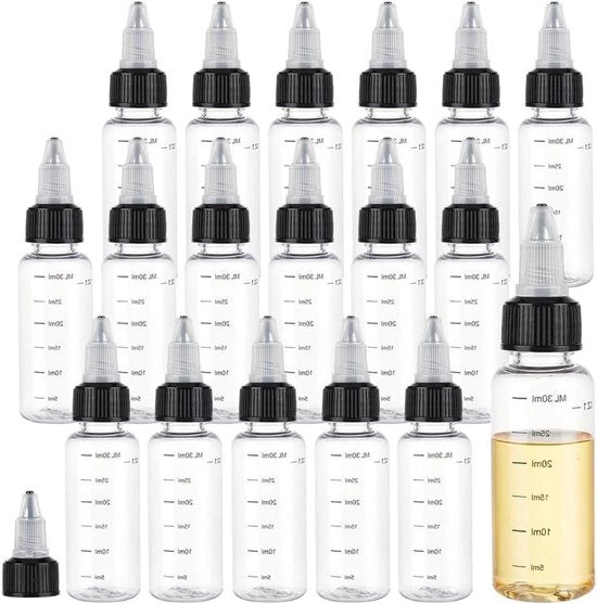 Set di flaconi a compressione trasparenti in plastica 30 ml - Set di 18 pezzi con flaconi a compressione smussati e tappi a girare - Dose per inchiostro, oli, gel, colla