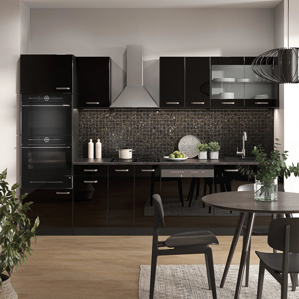Vicco Cucina componibile Nero lucido/antracite 300 cm con armadio alto, PL Marmo