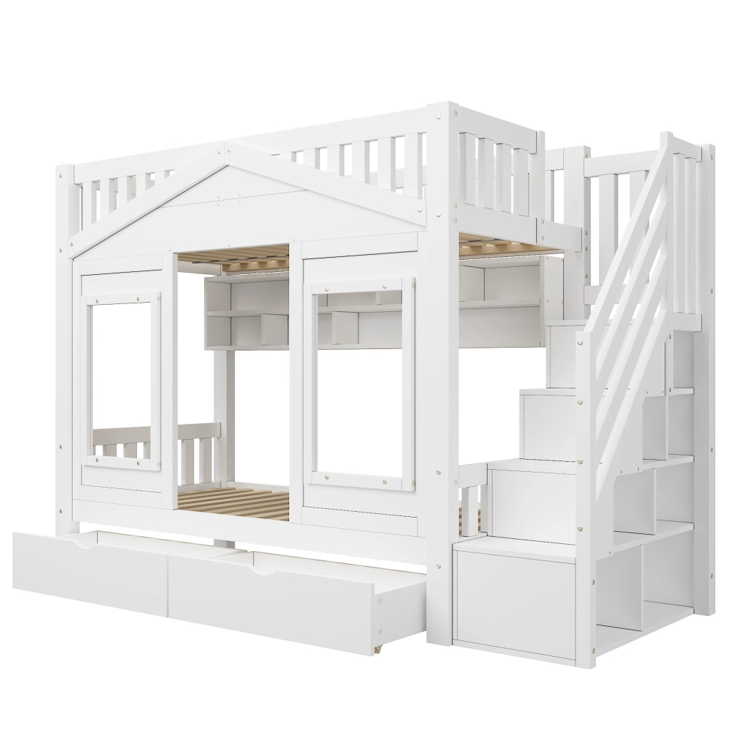 Letto a Casetta 90x200 cm; Letto Singolo - Scala contenitore; Cassetto; Ripiani - Bianco