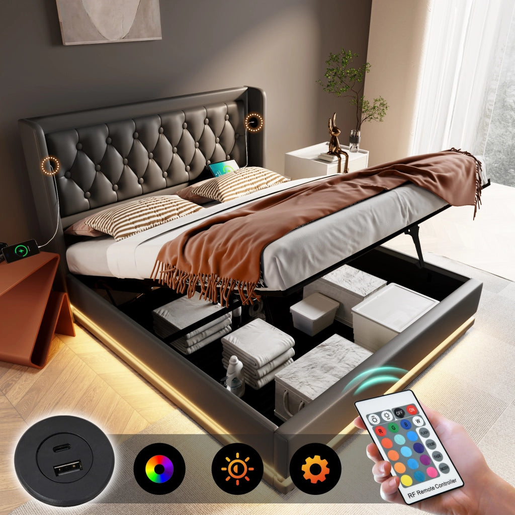 OKWISH Letto contenitore 140×200 cm, Letto Matrimoniale con Sollevamento Idraulico, USB, Type C e LED 3 Lati, senza Materasso, PU, Nero