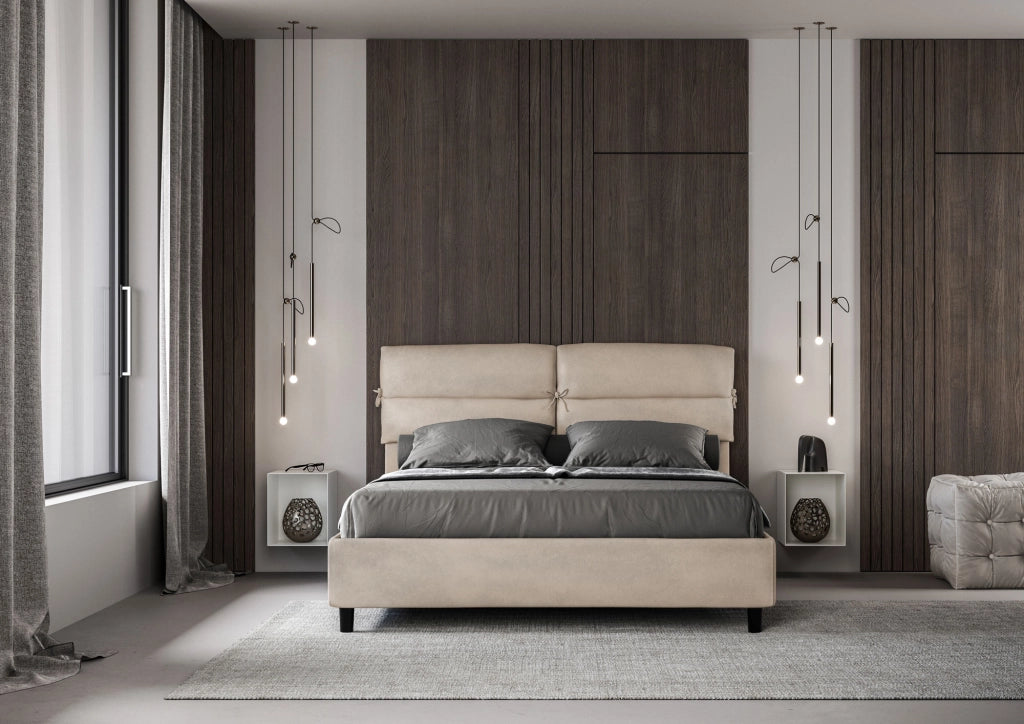 BS COM Letto matrimoniale con rete imbottito 160x200 microfibra sabbia