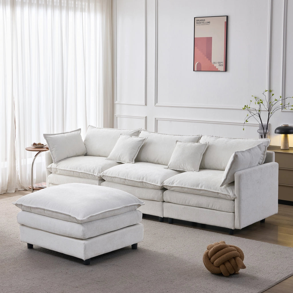 Divano angolare modulare 3 posti con pouf in Chenille Beige