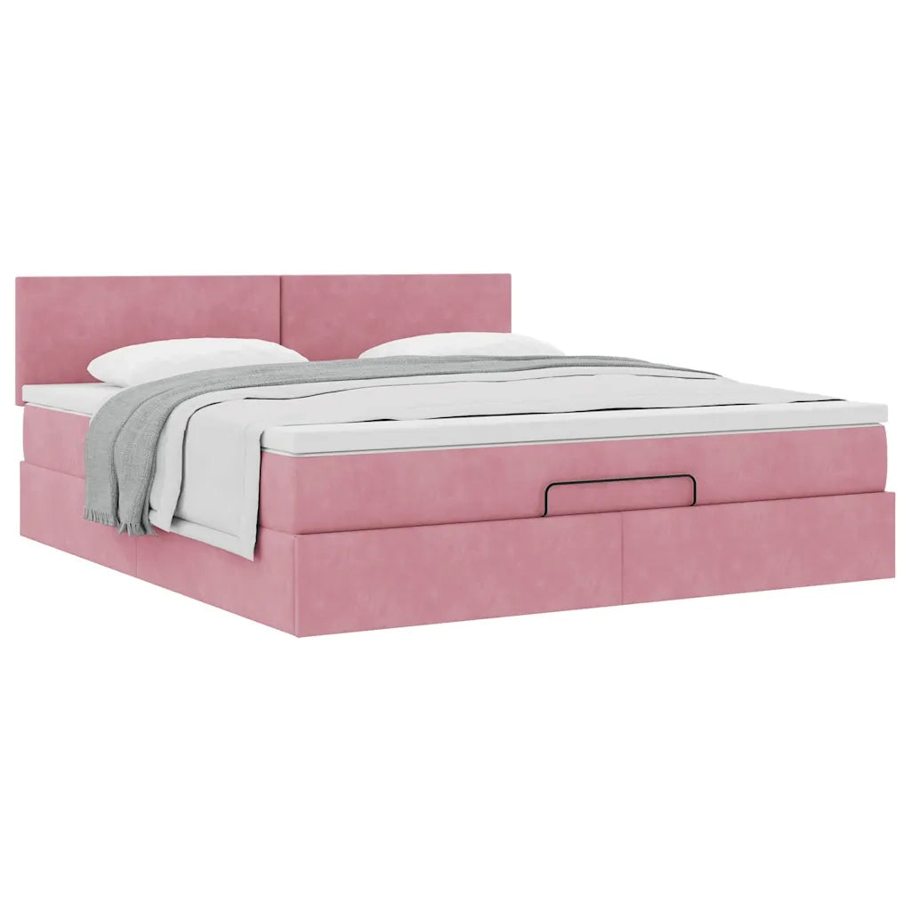 Struttura Letto Pouf con Materasso Rosa 160x200 cm in Velluto 3311716