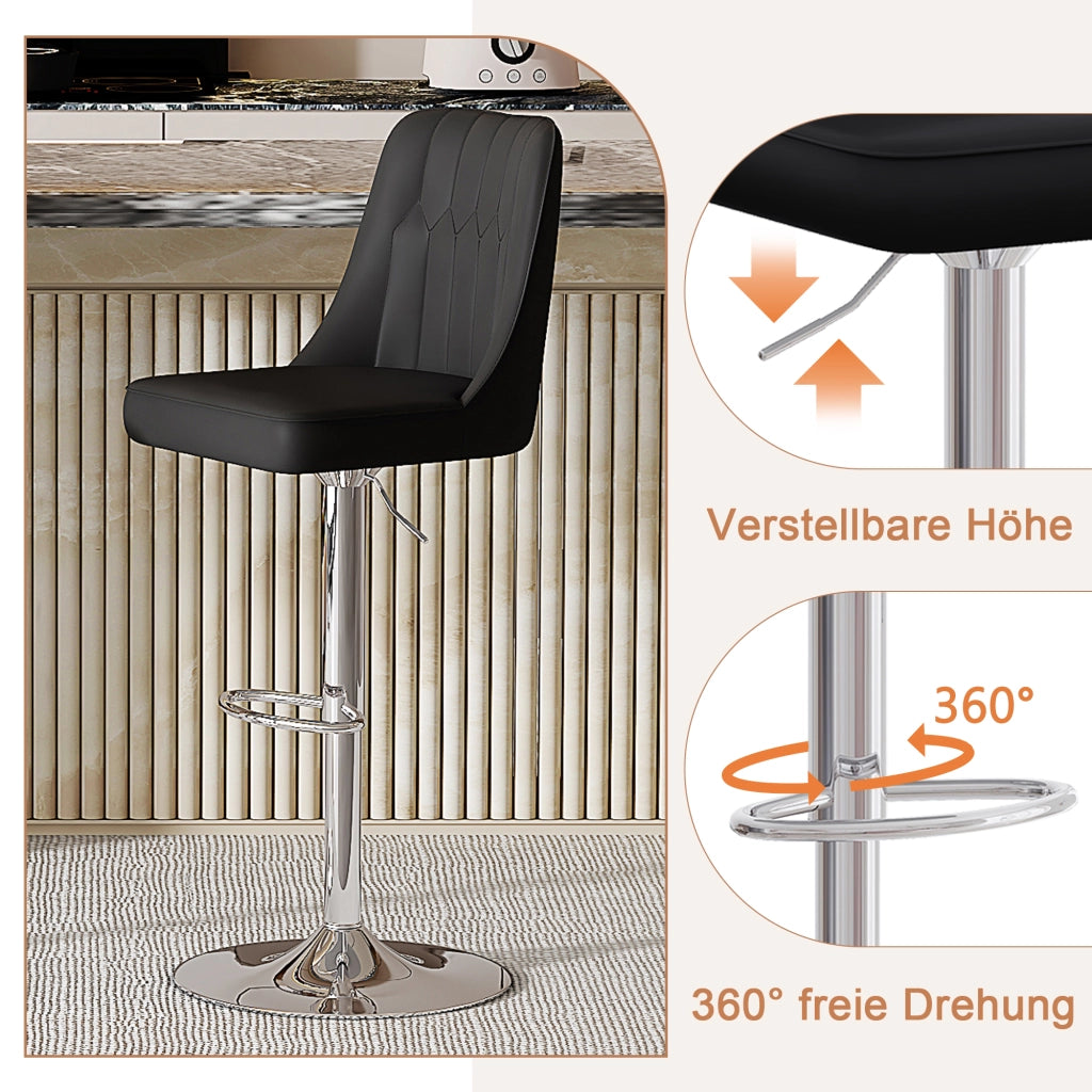 Set di 2 sgabelli da bar regolabili in altezza con rotazione 360°; schienale in pu nero e base in metallo argentato