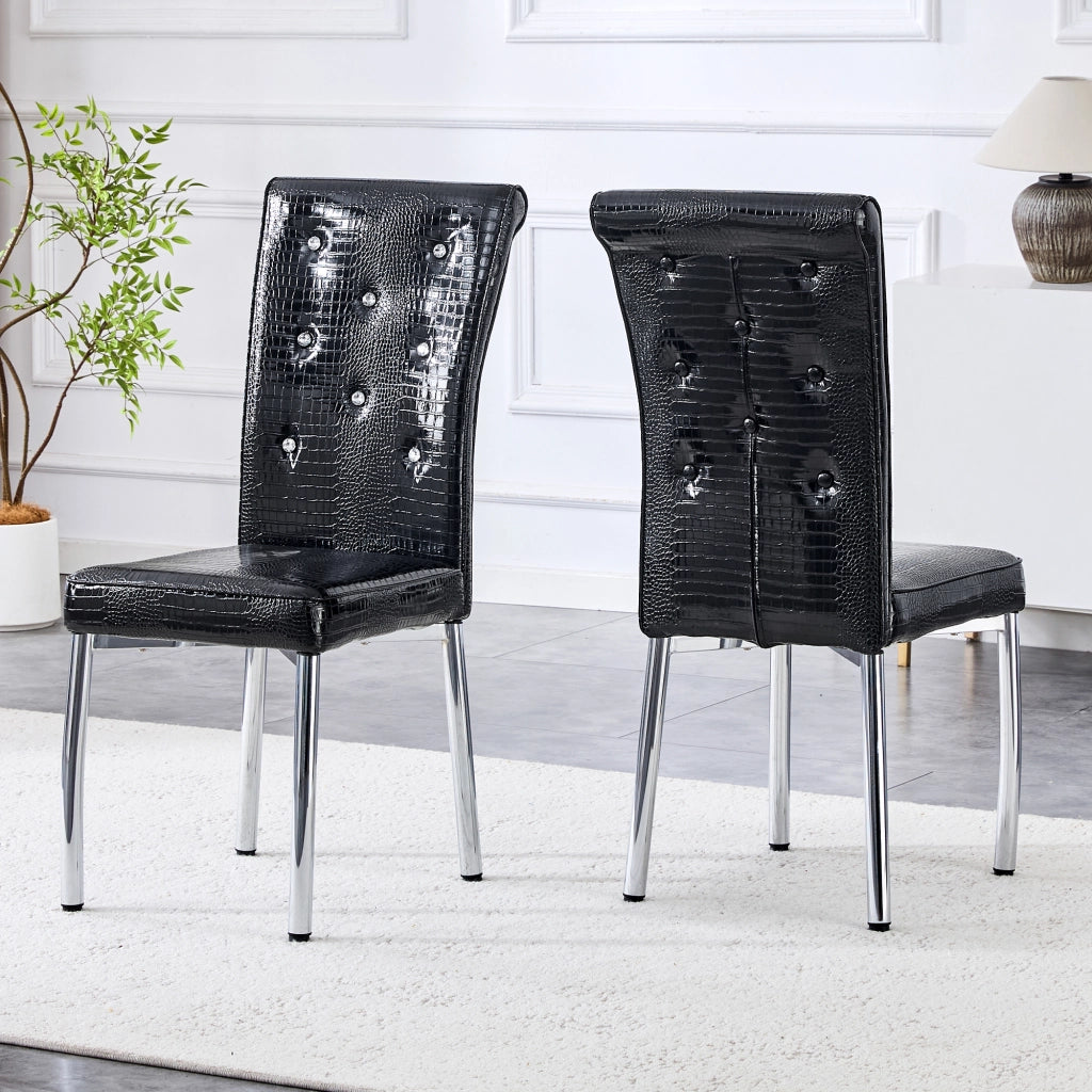 Sedie da pranzo, 2 pezzi in finta pelle effetto alligatore con bottoni in cristallo e gambe in metallo galvanizzato nero, 76 × 49,5 × 46 cm