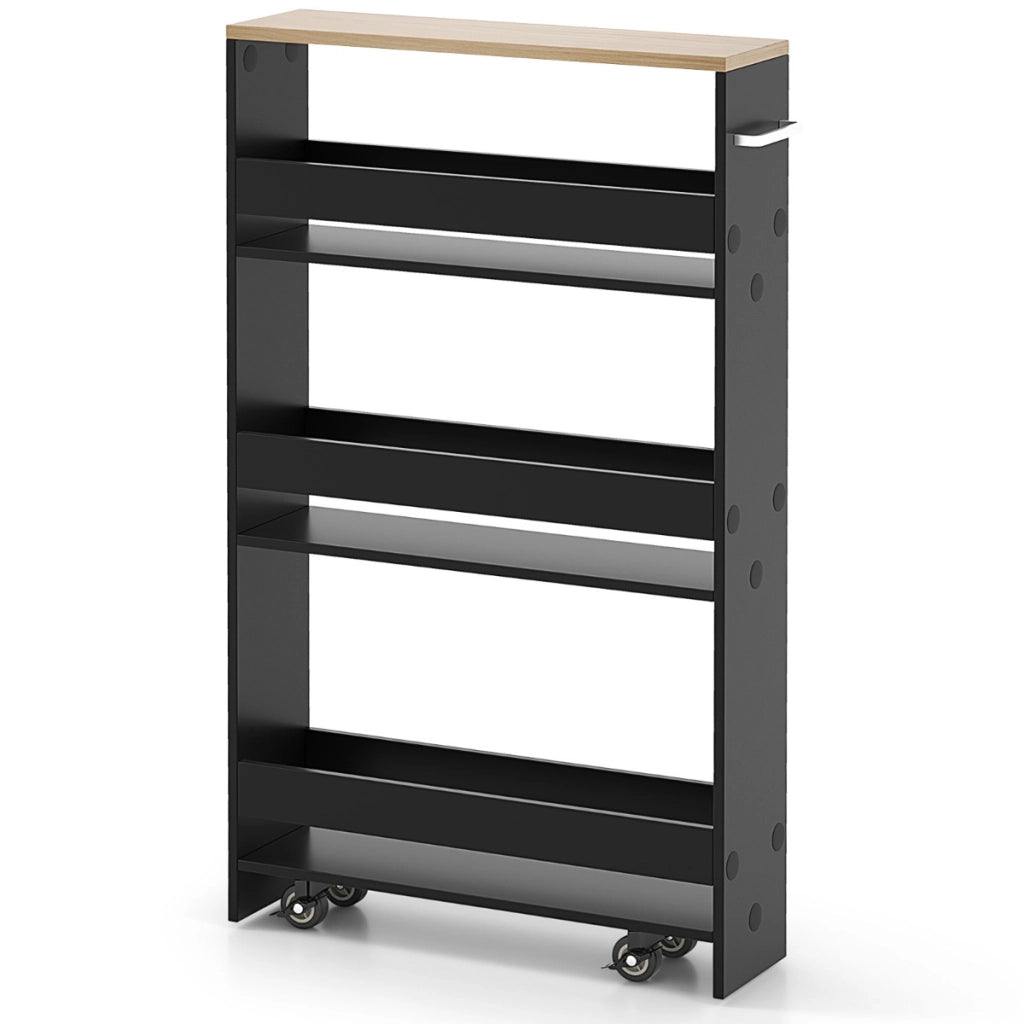 Carrello portaoggetti da cucina con maniglia ruote, Scaffale mobile salvaspazio con scaffali stretti Nero