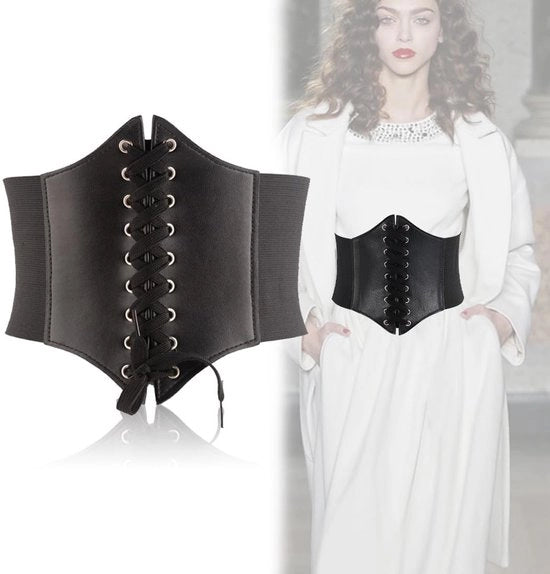 Corset in stile retro con cintura in pelle nera - Cinturino elastico - Chiusura a nodo - Materiale di alta qualità - Corsetto
