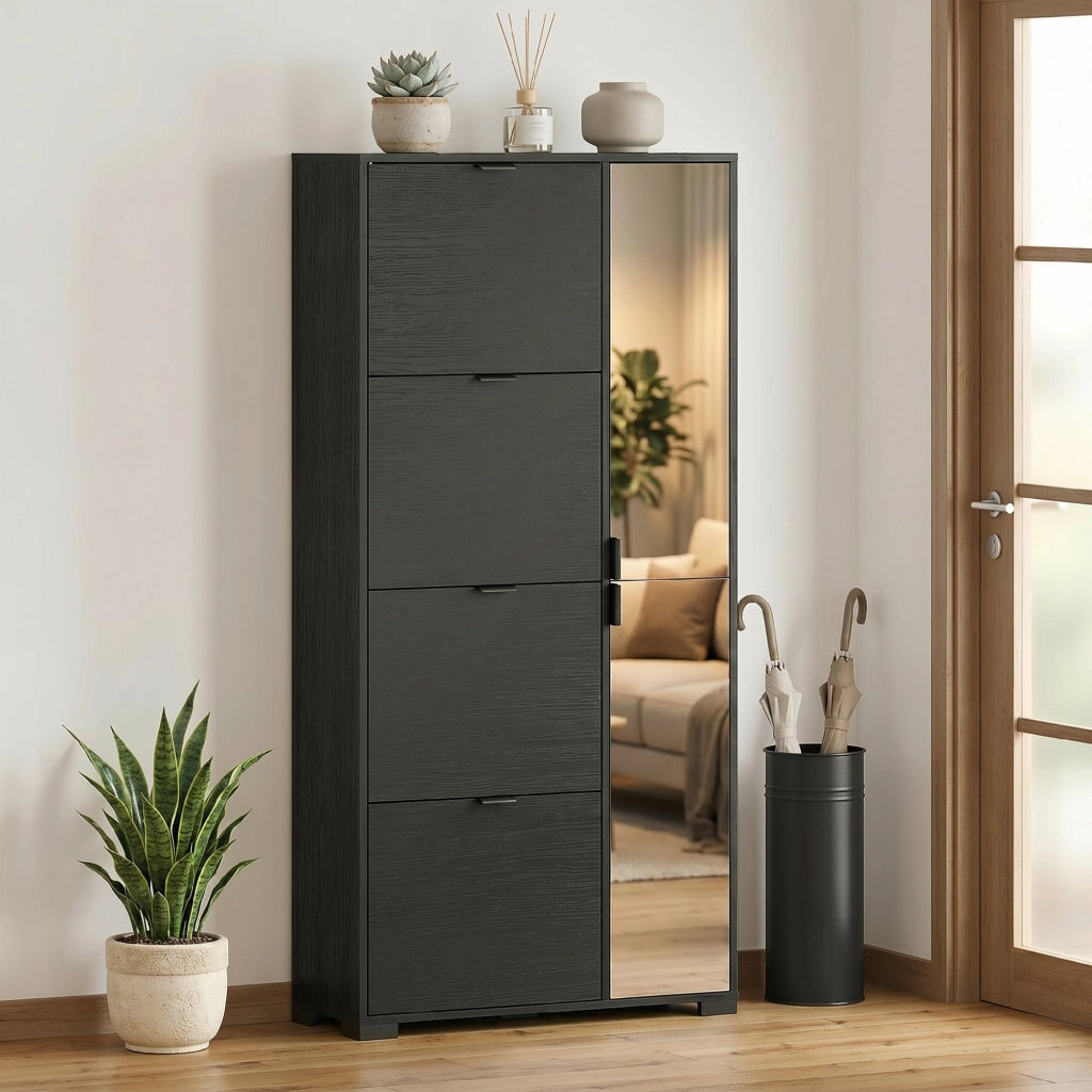 Scarpiera con Specchio e Cassetti ¨C Minimal ¨C Nero 16 Paia