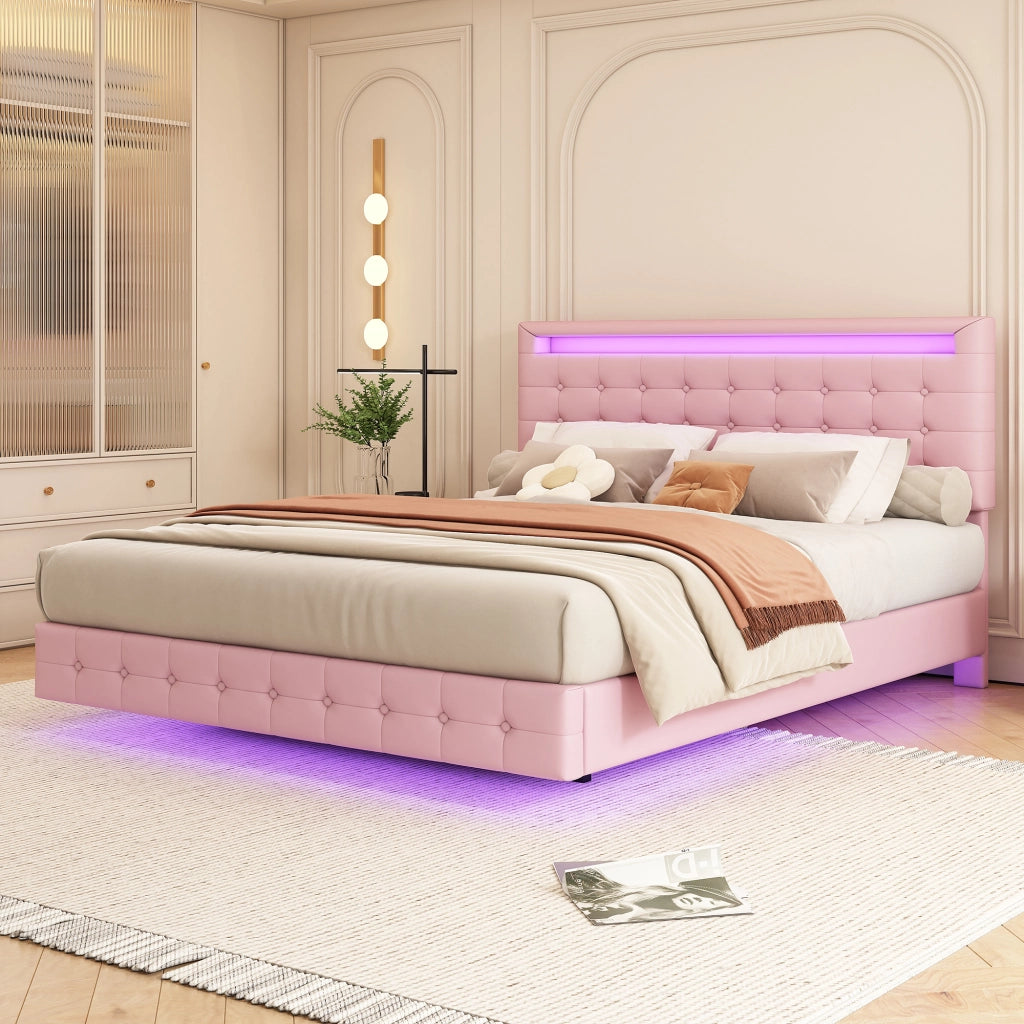 Letto Imbottito con LED e Testiera Regolabile ¨C MINIMAL ¨C Rosa 140x200