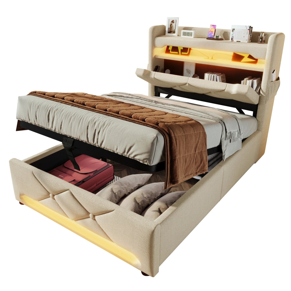 letto imbottito lino beige 90 x 200 cm