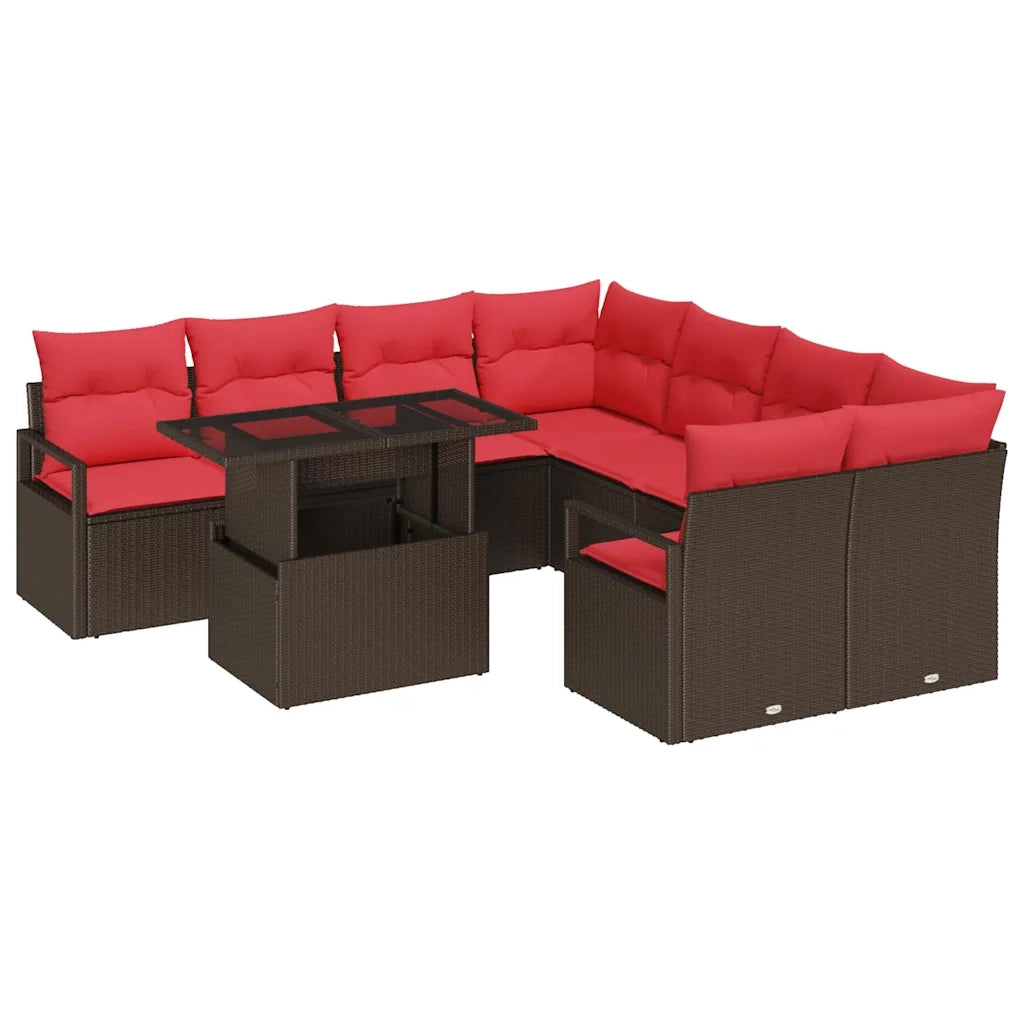 Set Divano da Giardino 9 pcs Marrone e Rosso polyrattan 3348800