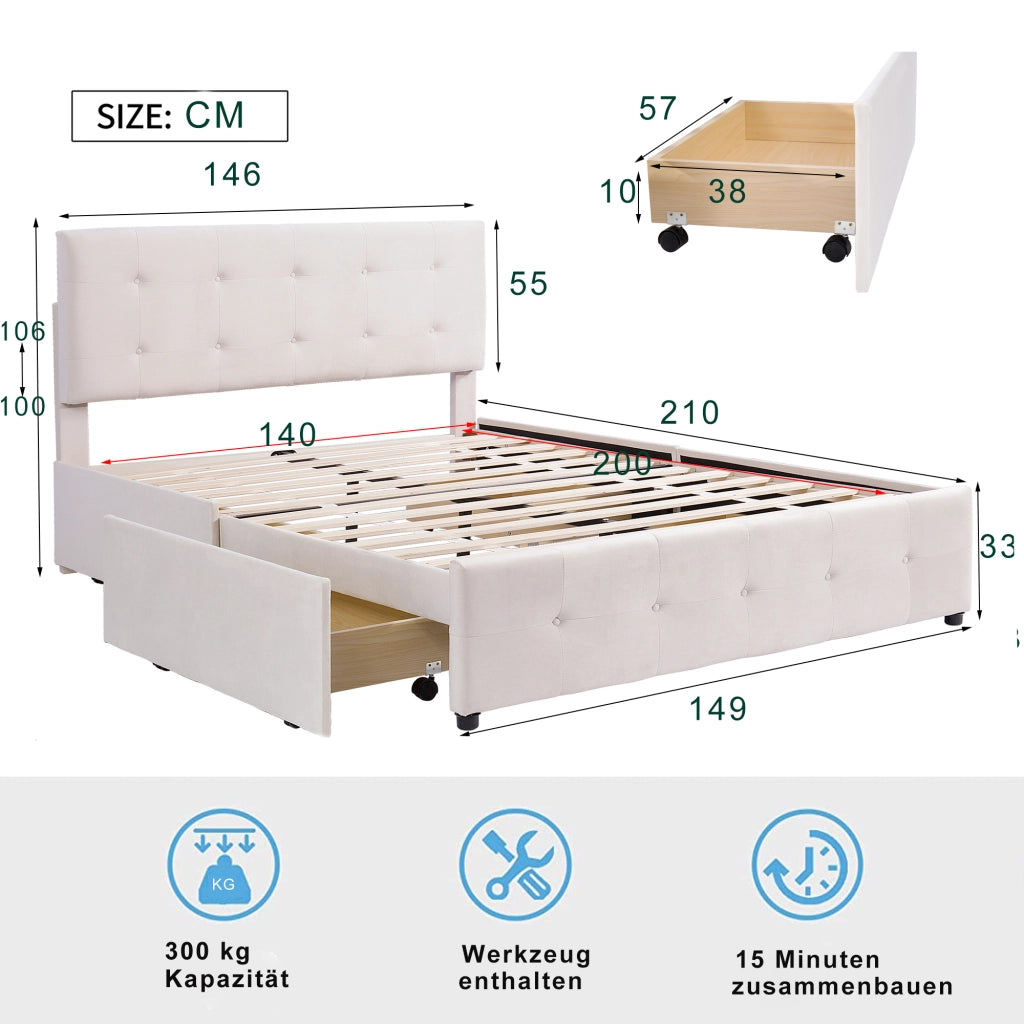 DESMIU Letto matrimoniale 140 × 200 cm 2 posti con 4 cassetti contenitori, senza materasso, in velluto, beige