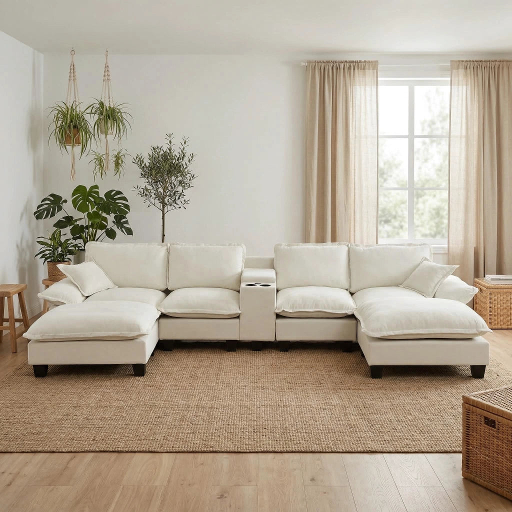 Divano Modulare U a 5 Posti con Ottomane, Contenitore e USB ¨C Xylo ¨C Chenille Beige