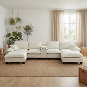 Divano Modulare U a 5 Posti con Ottomane, Contenitore e USB ¨C Xylo ¨C Chenille Beige