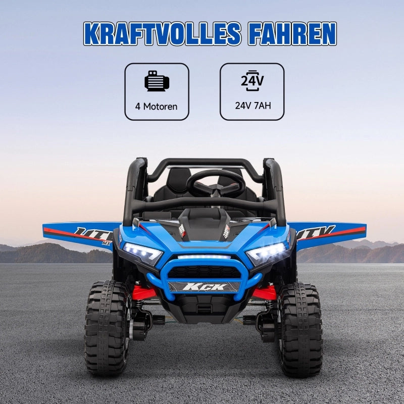 UTV elettrico per bambini, 5-7 km/h, 2 posti, telecomando, musica, luci, 1 ora di autonomia, blu