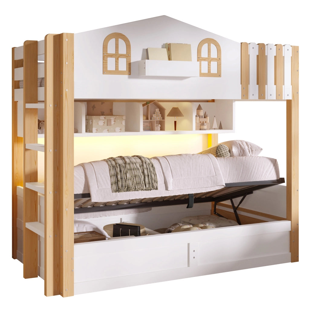 Letto a castello 90x200 cm con vano contenitore idraulico e LED