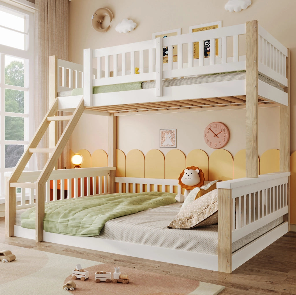 Letto a castello in legno 90x200 cm + 140x200 cm con scala e sponde