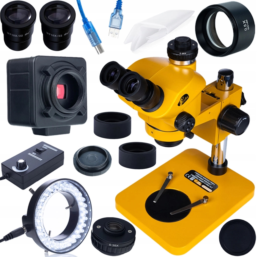 Mikroscopio Trinoculare 7–50x con Fotocamera USB 5MP e Lente Barlow 0.5x – Set Professionale per Ispezione Elettronica e