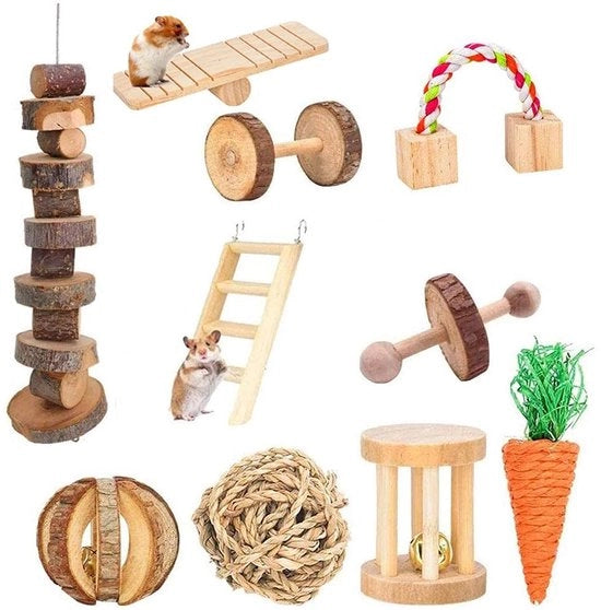 Cura Dentale Naturale per Cavi, Hamster e Chiniglia - Scala e Sfera per Gioco - Ideale per Cavi, Hamster e Chiniglia - Codice prodotto: [inserire codice prodotto] - Modello: [inserire modello] - Materiale: legno naturale