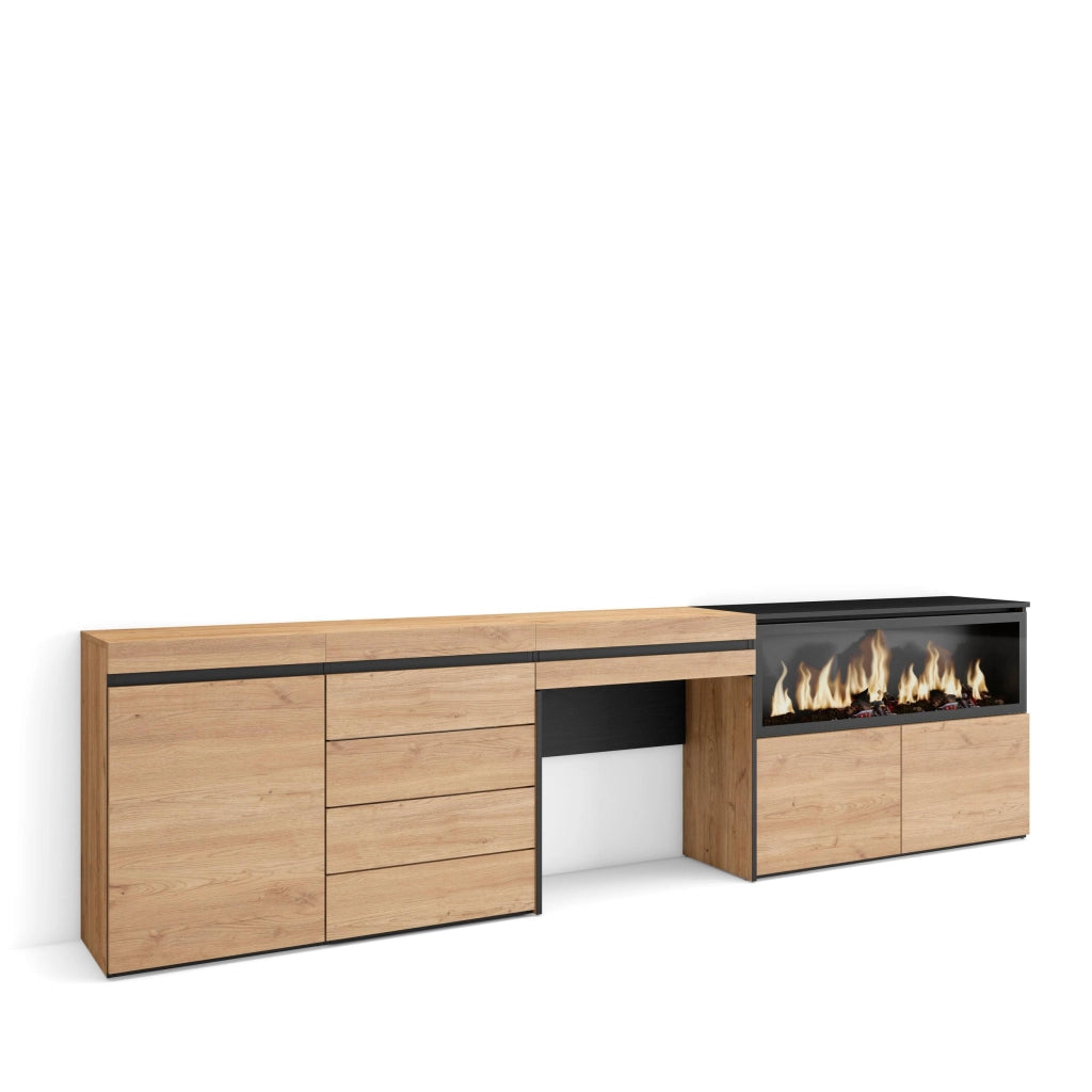 Tavolo da toeletta, 284x35x75cm, Con cassetto, Camino elettrico XXL, Cassettiera, colore Rovere RF3482