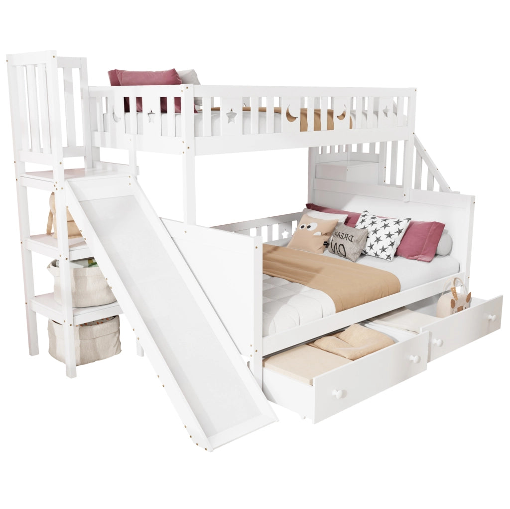 Letto a castello per bambini con scivolo e scala di sicurezza; 90x200/140x200 cm; bianco in legno