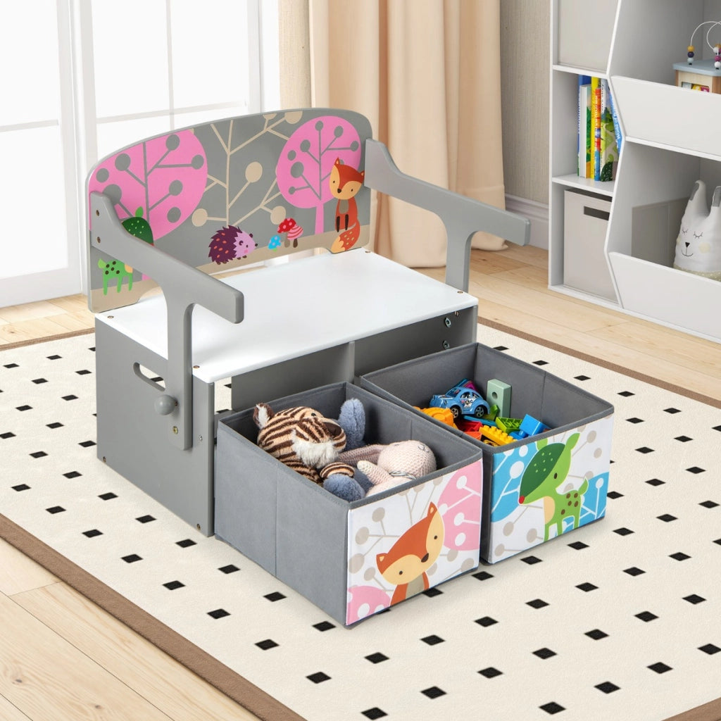 Panchina attivit¨¤ convertibile per bambini, Set tavolo e sedie per bambini con 2 cassetti in tessuto rimovibili Grigio-Tavoli e sedie
