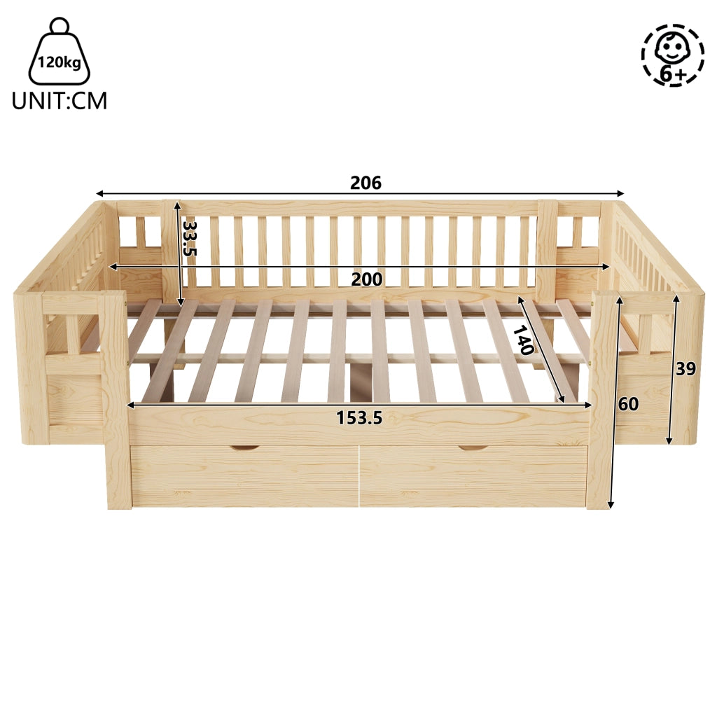DESMIU Letto per bambini 140 × 200 cm con 2 cassetti, senza materasso, in legno massiccio e MDF, colore legno