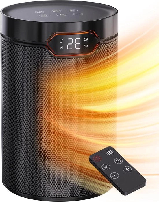 Riscaldatore Elettrico 1500W PTC 5 Modalità ECO Modalità di Ventilazione Modalità di Termostato Timer 24 Ore Comando a Distanza Protezione contro la Surriscaldamento Protezione contro la Caduta Riscaldatore Compatto per Uso Casa e Ufficio