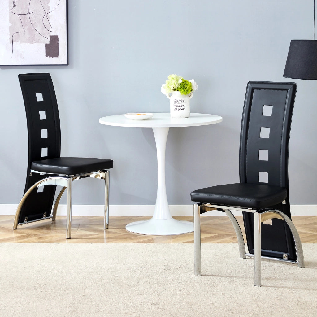 [Set di 2] Sedie da pranzo di design europeo con motivo traforato, in similpelle nera e gambe in metallo color argento, altezza 102,5 cm, ideali per s