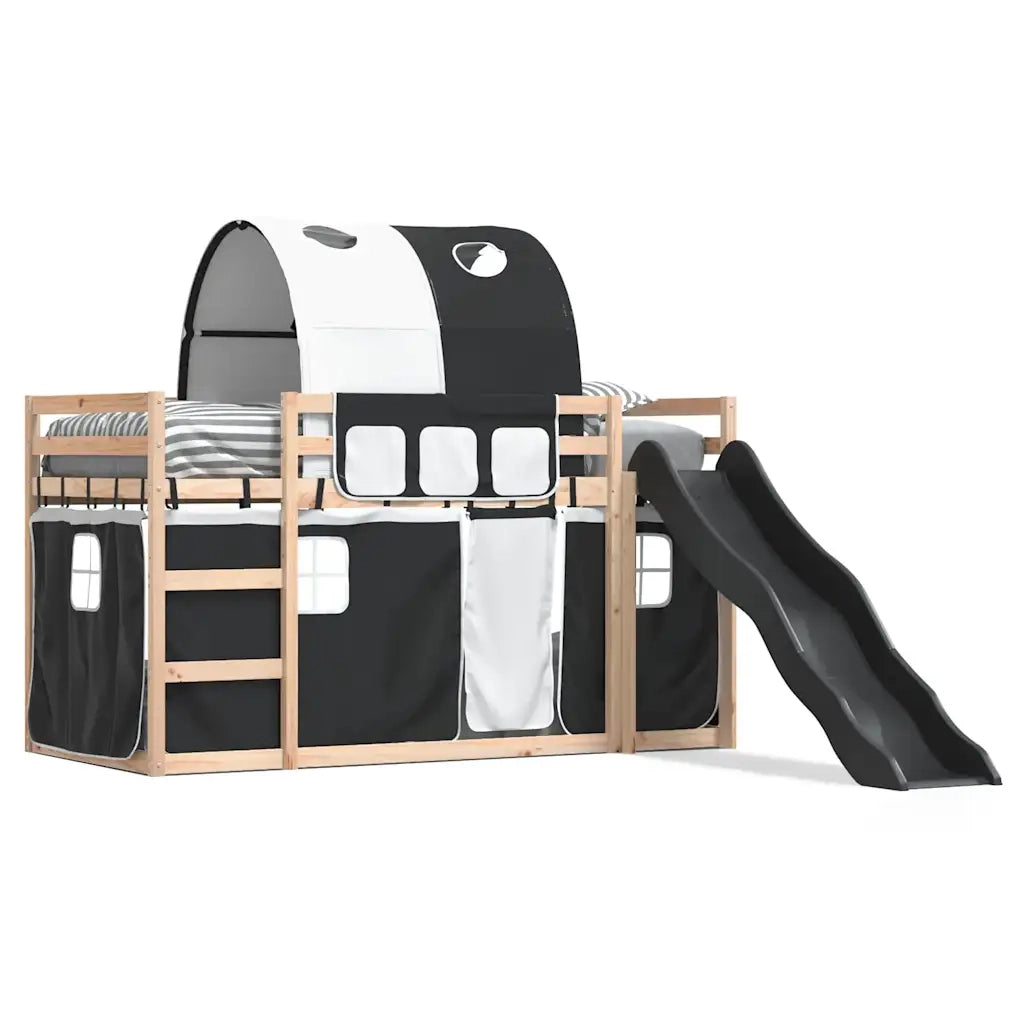 Letto singolo | Letto per adulti | Letto a Castello con Scivolo e Tende Bianco e Nero 80x200 cm