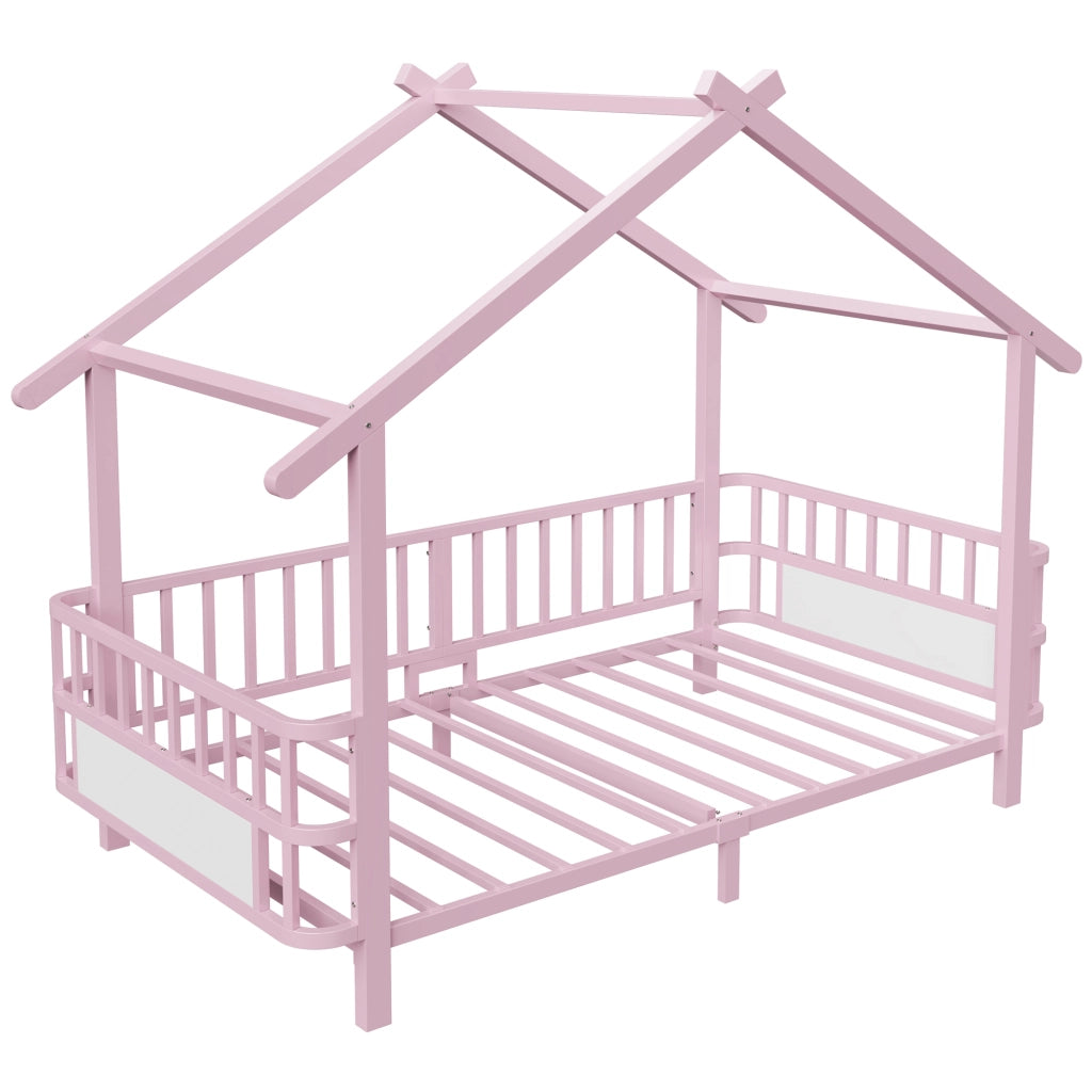 Letto casetta 90×200 cm; letto per bambini con barriera di sicurezza; struttura a tetto; senza materasso; metallo rosa
