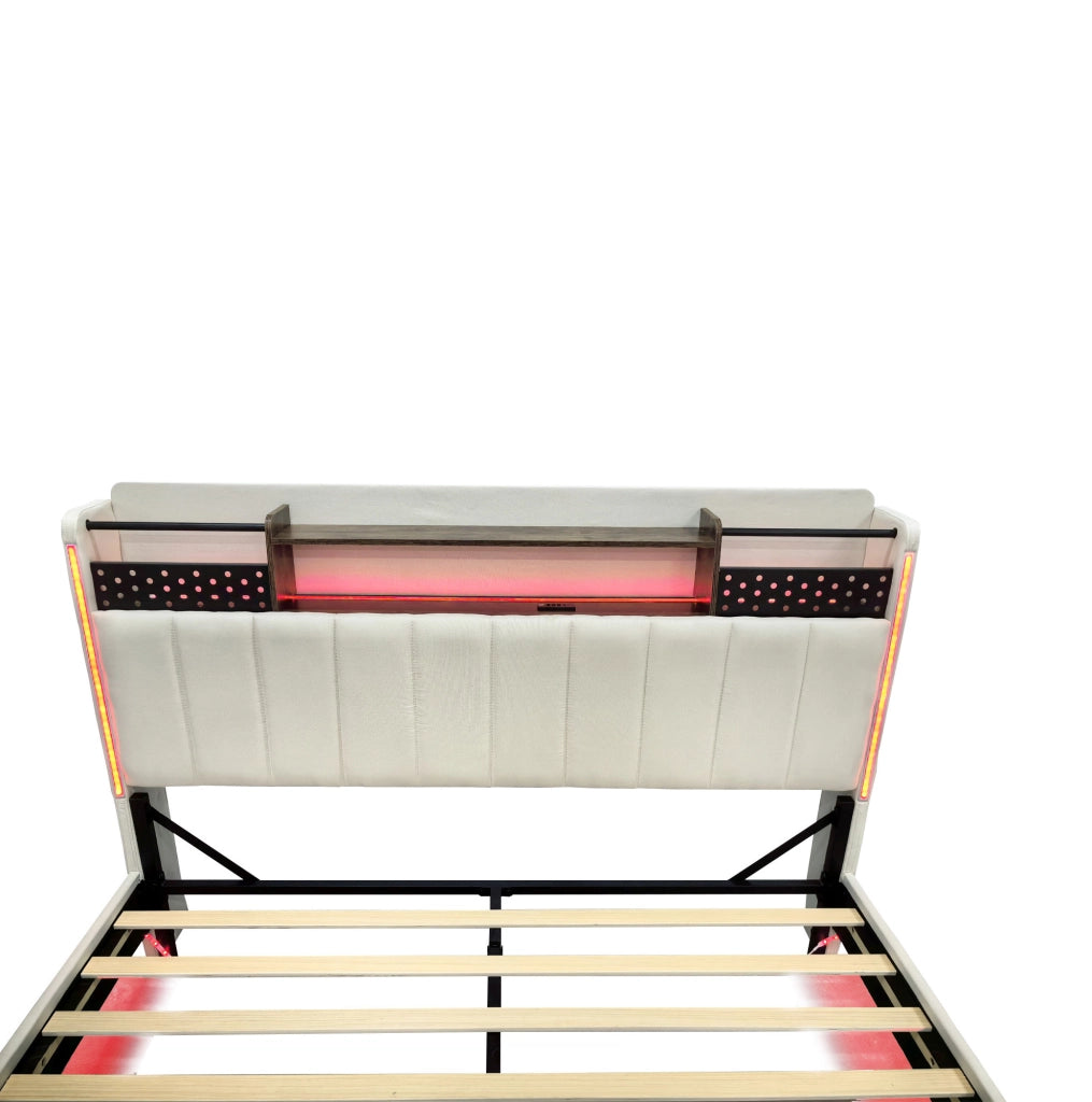 Letto matrimoniale imbottito 160x200 cm con USB; luci LED; testiera con vano contenitore; beige