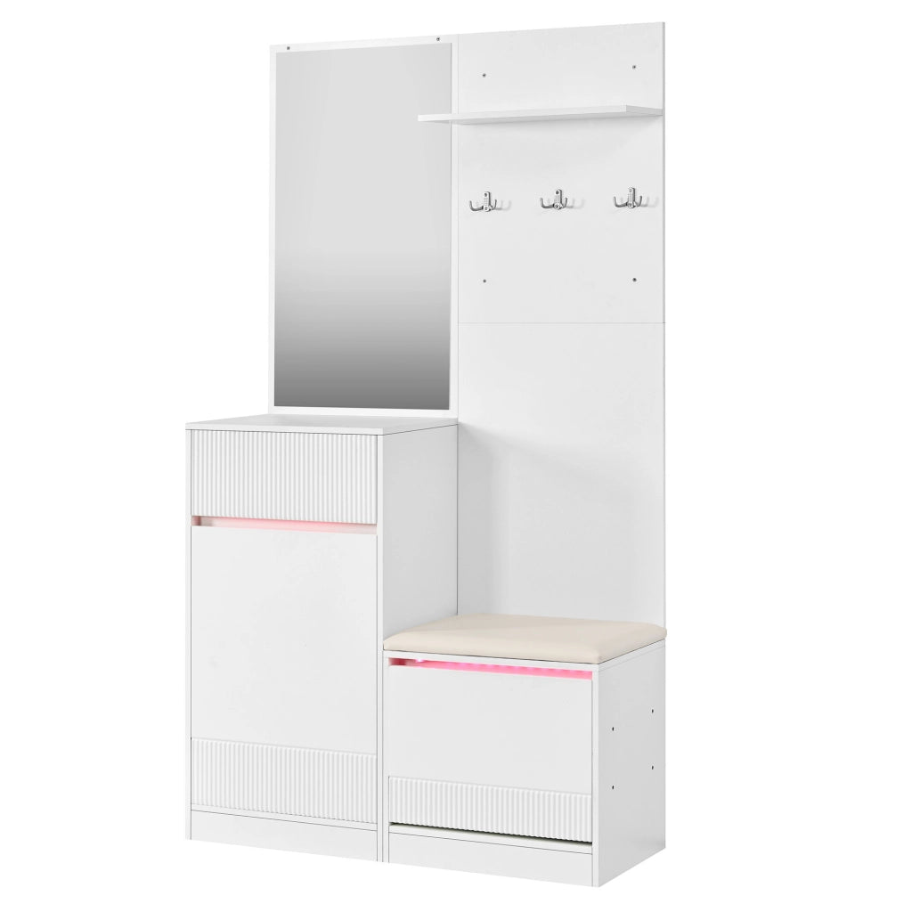 GARDEROBA da ingresso con scarpiera, specchio, LED, 105 x 38 x 190 cm, bianca