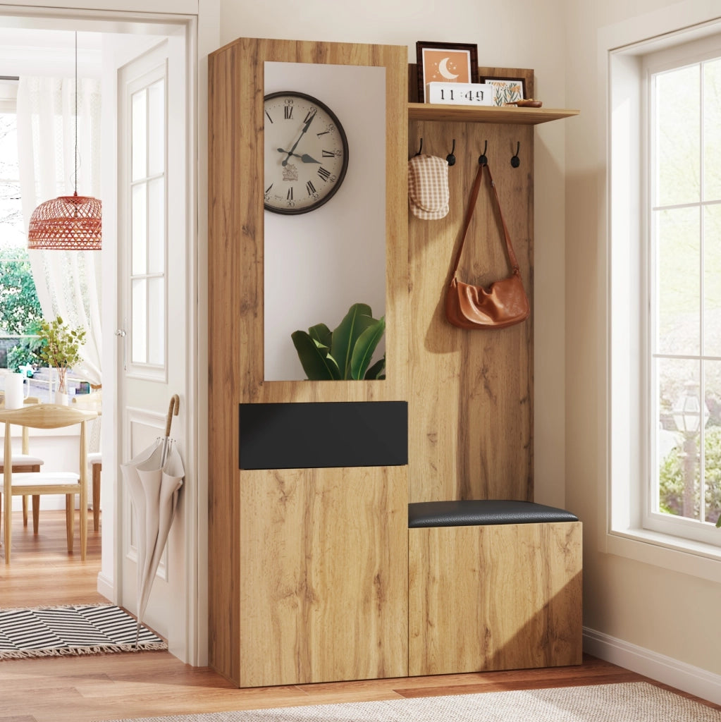 Set guardaroba da ingresso con specchio e 5 ganci; contenitore multifunzione in MDF nero e naturale