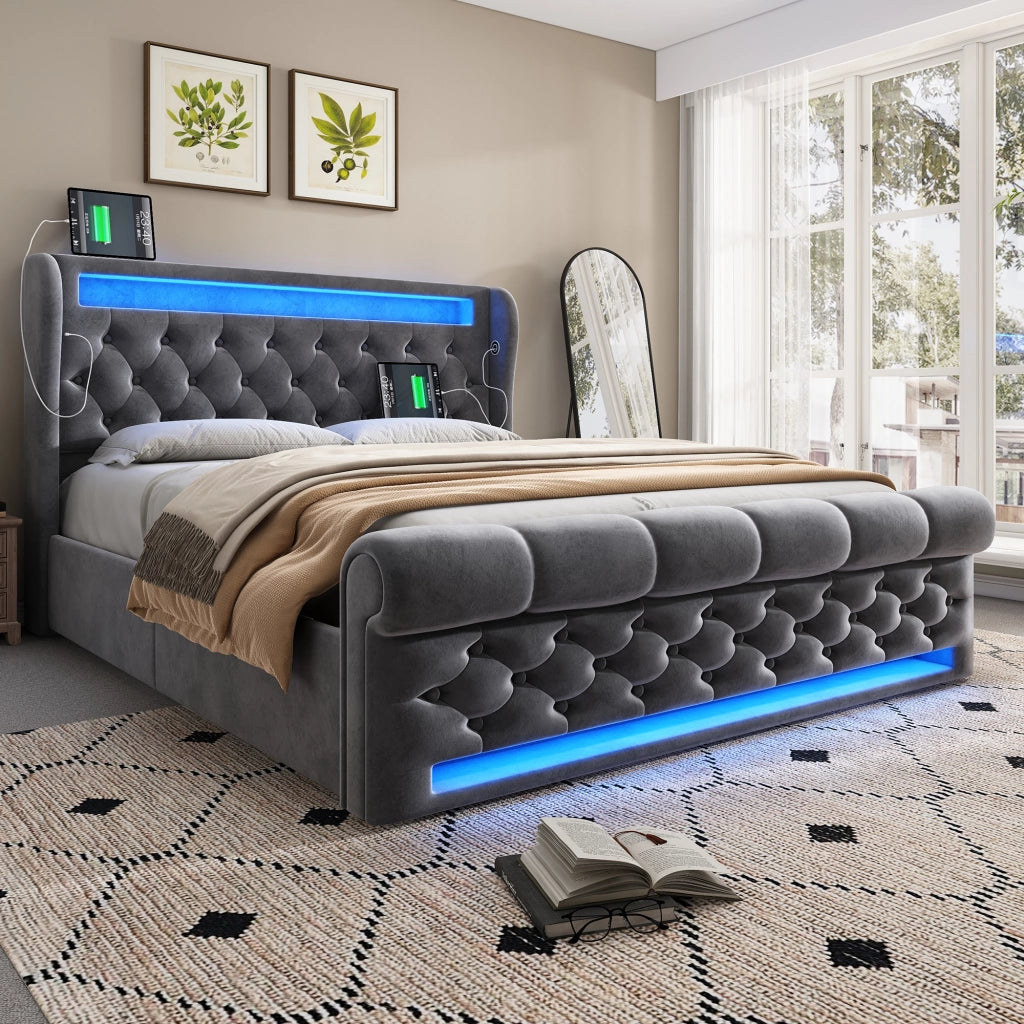 DESMIU Letto contenitore 140 × 200 cm 2 posti con LED, USB e Type C, senza materasso, in velluto, grigio