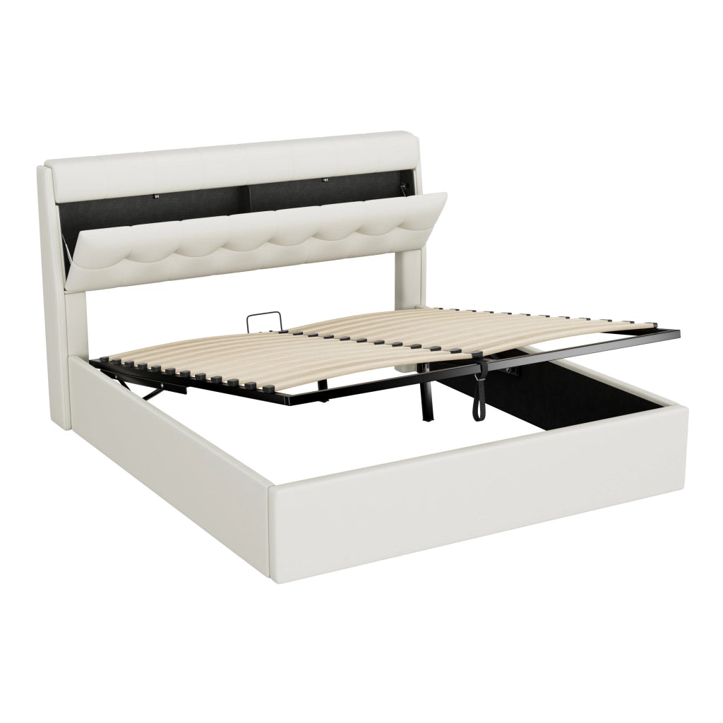 Letto imbottito con contenitore idraulico e testiera con vano nascosto; rivestimento in PU bianco; 160x200 cm; senza materasso