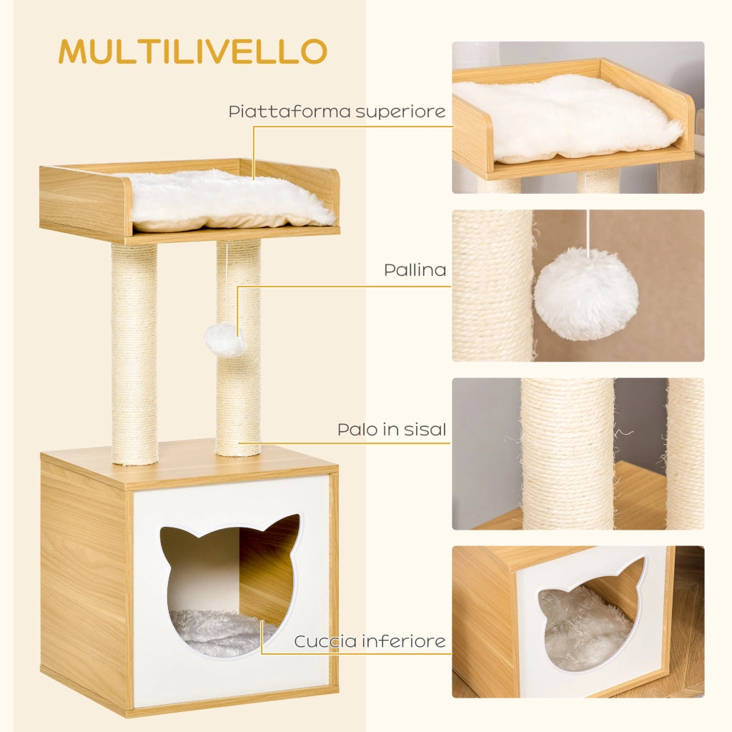 Casetta per Gatti con Pali Tiragraffi in Sisal, Cuscini Lavabili e Pallina ¨C zephmum ¨C Quercia 35x35x81cm
