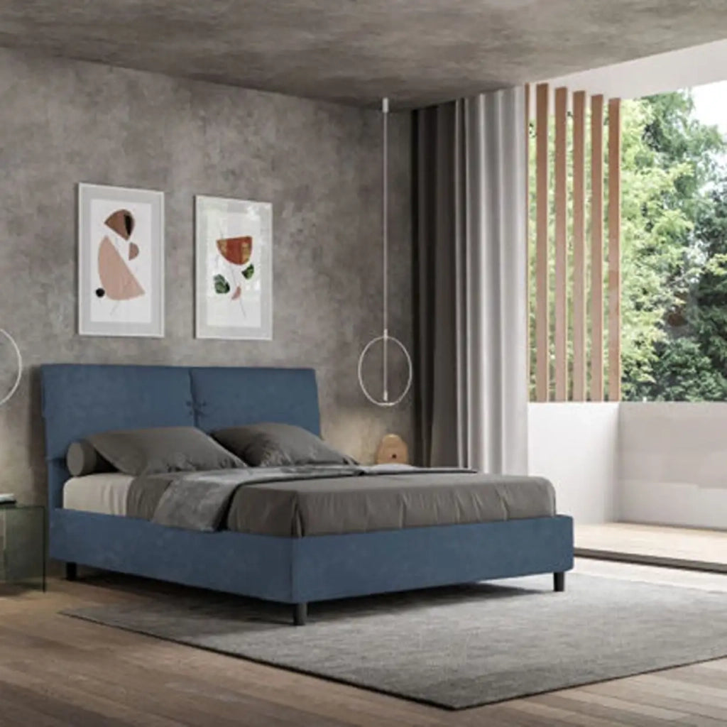Letto matrimoniale senza rete imbottito 160x190 microfibra blu Mados