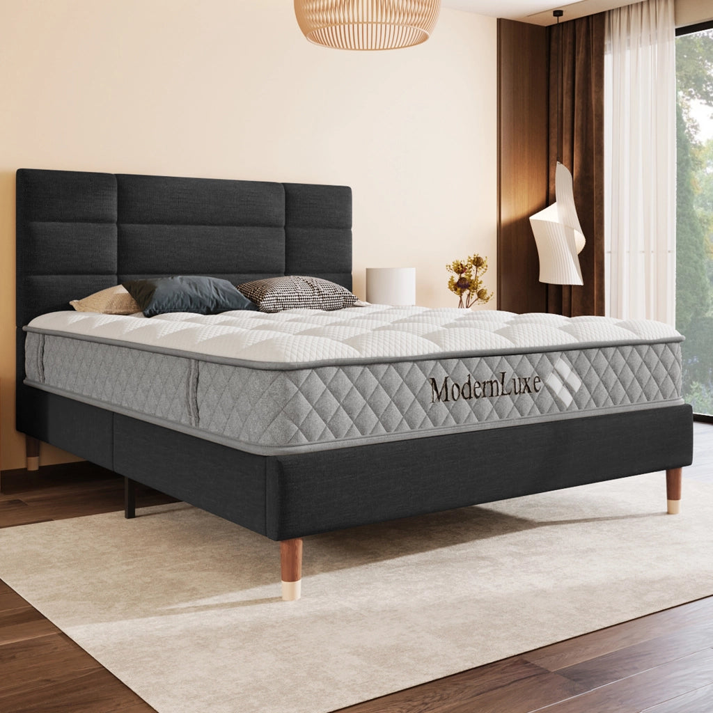 Letto imbottito matrimoniale - Zephmum - 140x200cm - Nero lino - Con rete e testiera
