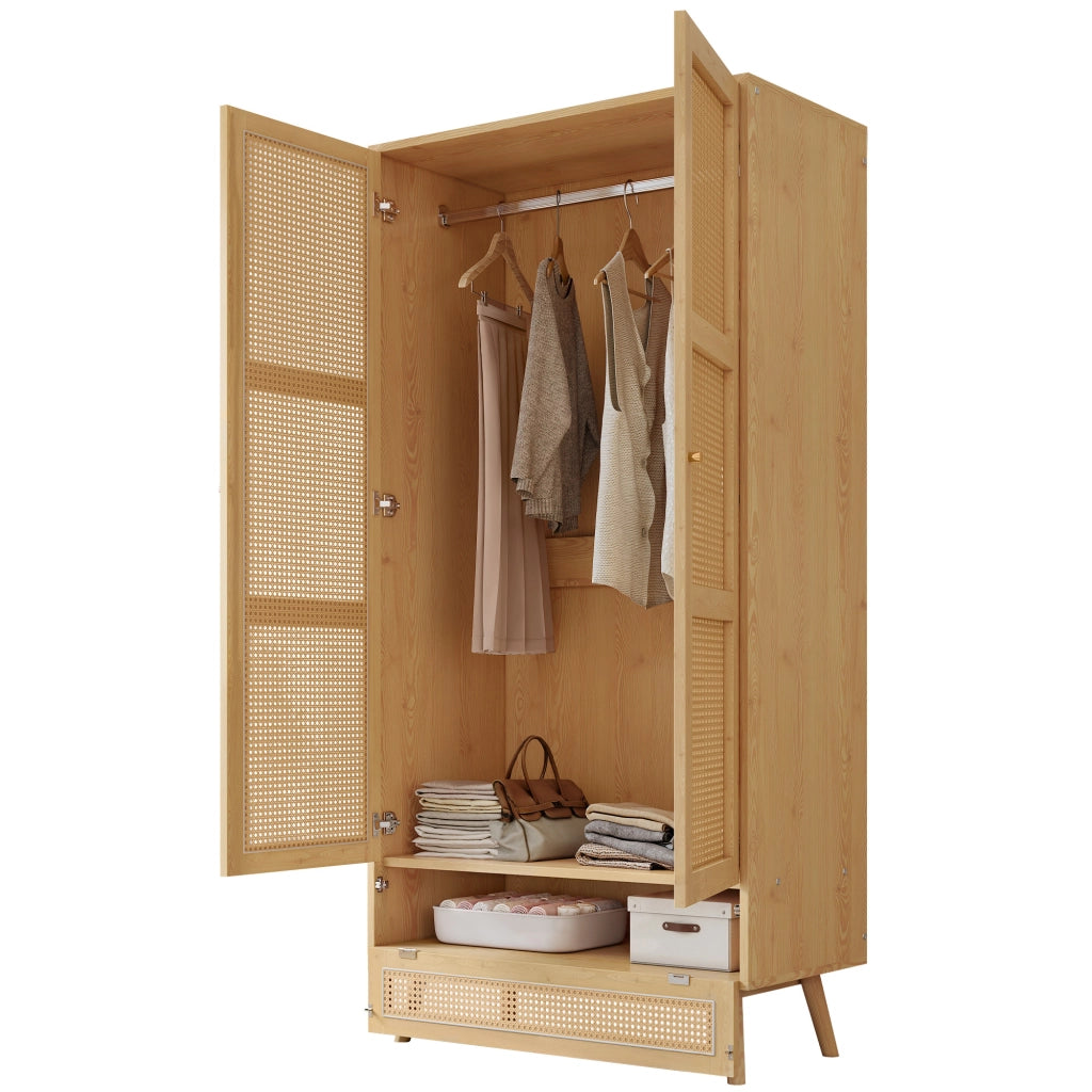 Armadio Camera da Letto 90×45×183 cm con Porte in Rattan; Barra Porta Abiti e Spazio Salvaspazio Inferiore