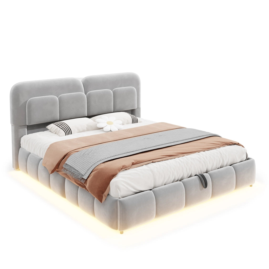 LETTO imbottito 140x200 cm in velluto grigio con contenitore idraulico e LED
