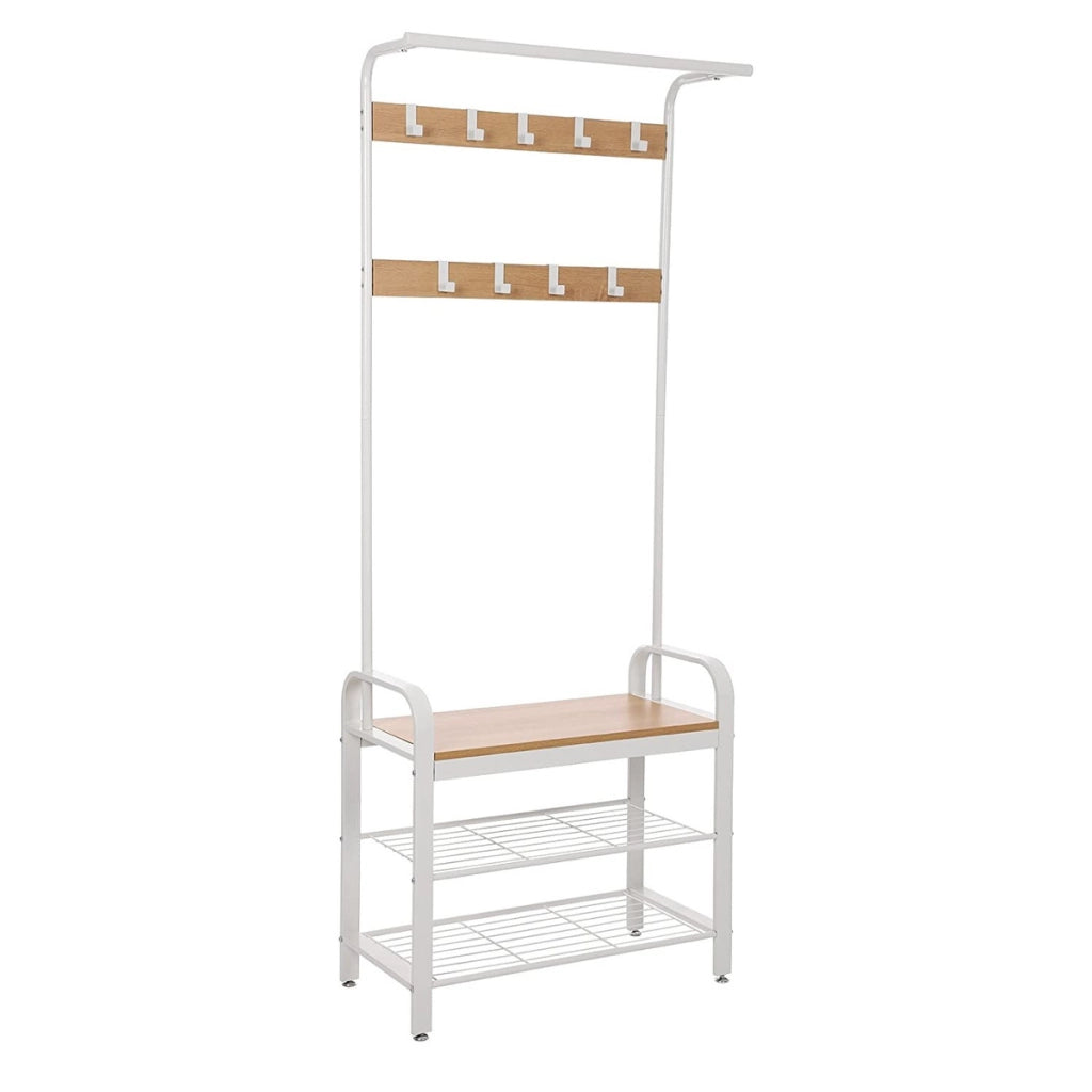 Appendiabiti con Panca e Scarpiera in Metallo Bianco e Legno