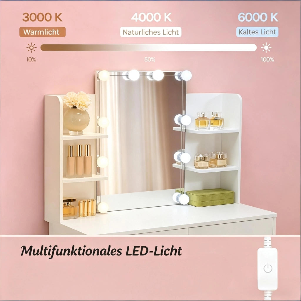 Toeletta con specchio LED; 4 ripiani; 2 cassetti e piano contenitore per camera da letto; 90×40×135 cm; bianca