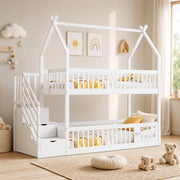 Letto a castello per bambini 90x200 cm con tetto, scala sicura e cassetti