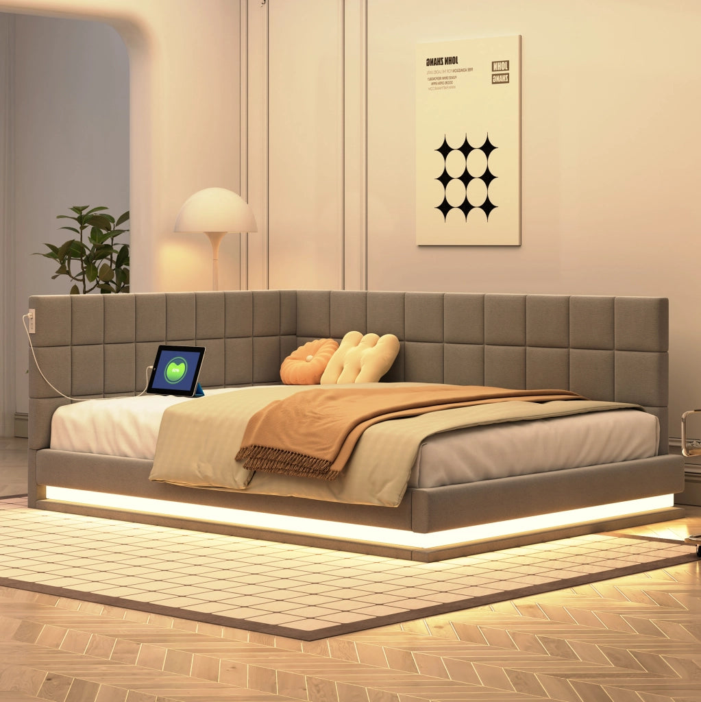 Divano letto imbottito 140x200 cm con LED e porta USB; grigio