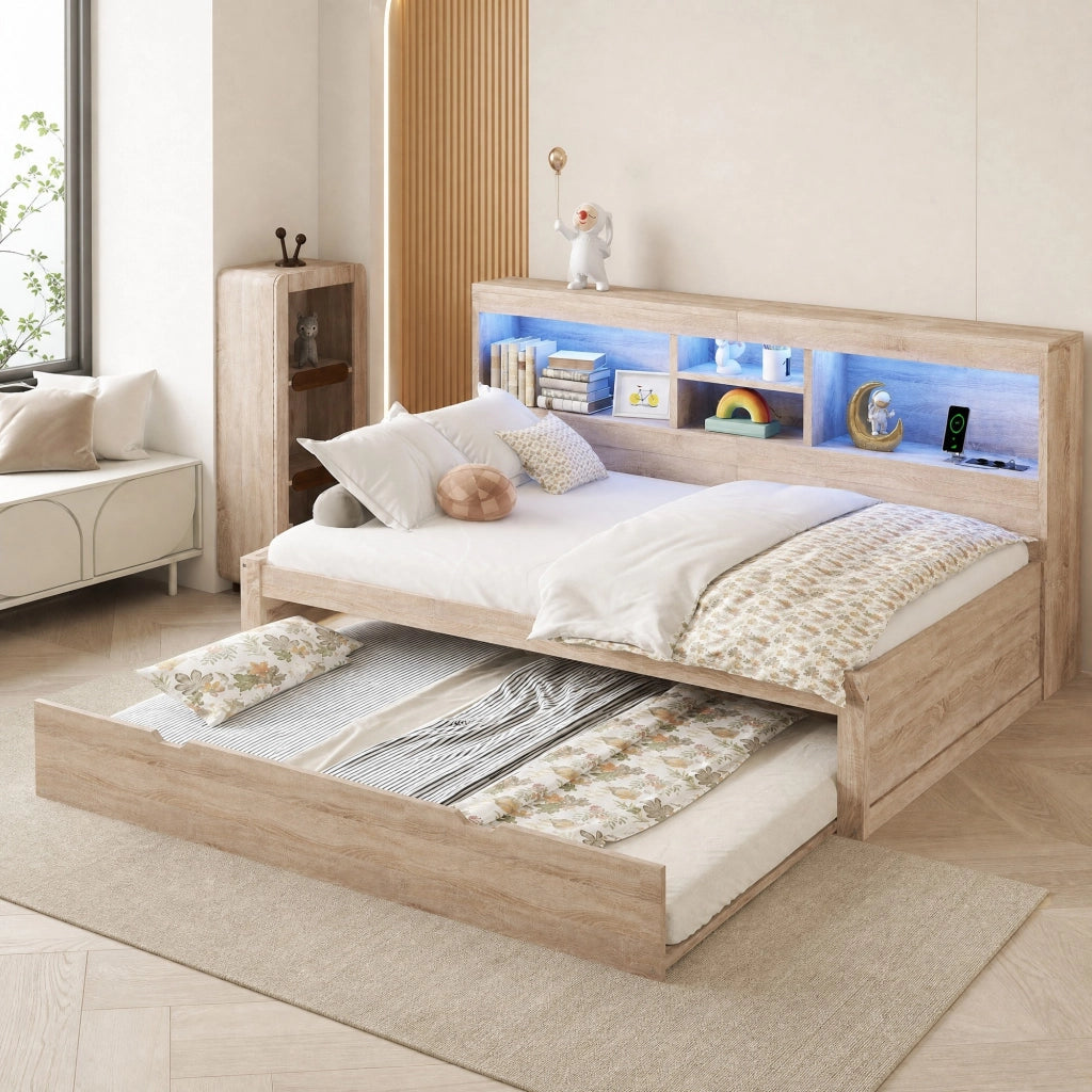 DIVANO LETTO Estraibile 90x200 cm Natur con prese USB e luce ambientale