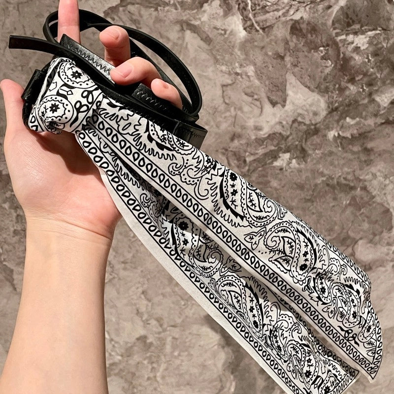 Sciarpa-cintura lunga in stile coreano con motivo paisley bianco e nero, nuovo accessorio da donna per la vita, da abbinare a cinture e catene per pantaloni.