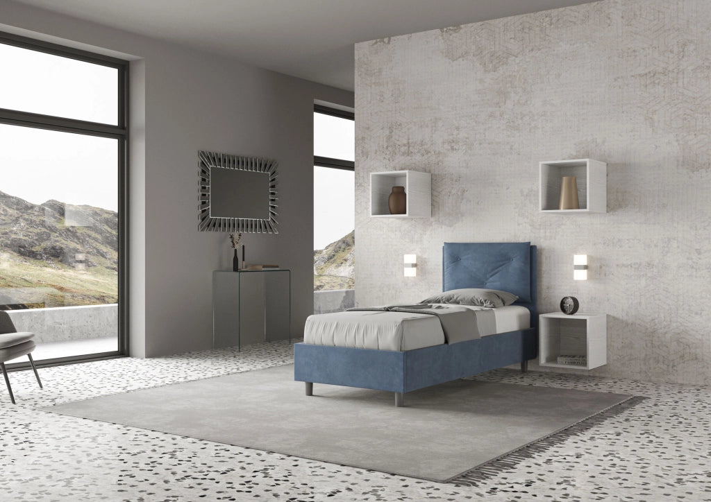 BS COM Letto singolo contenitore imbottito 80x200 microfibra blu