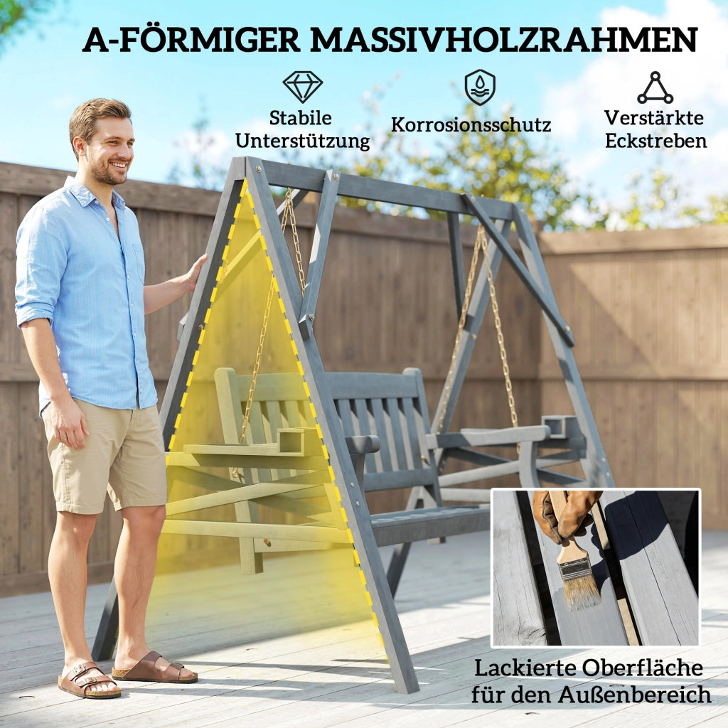 Dondolo da giardino 2 posti ¨C Xylo ¨C legno grigio con portabicchieri e ripiani